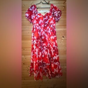 Torrid Size 2 Red Pink Floral Midi Dress Smocked Bust Stretchy Romantic Flowy